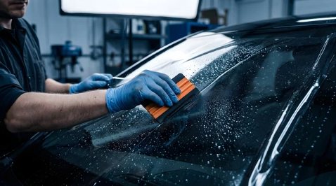 Workshop glass care on a vehicle windscreen